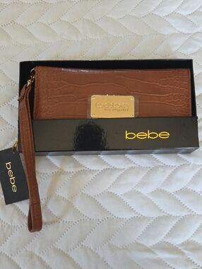 bebe Brown Croc-Embossed Wristlet Wallet with Gold Plate